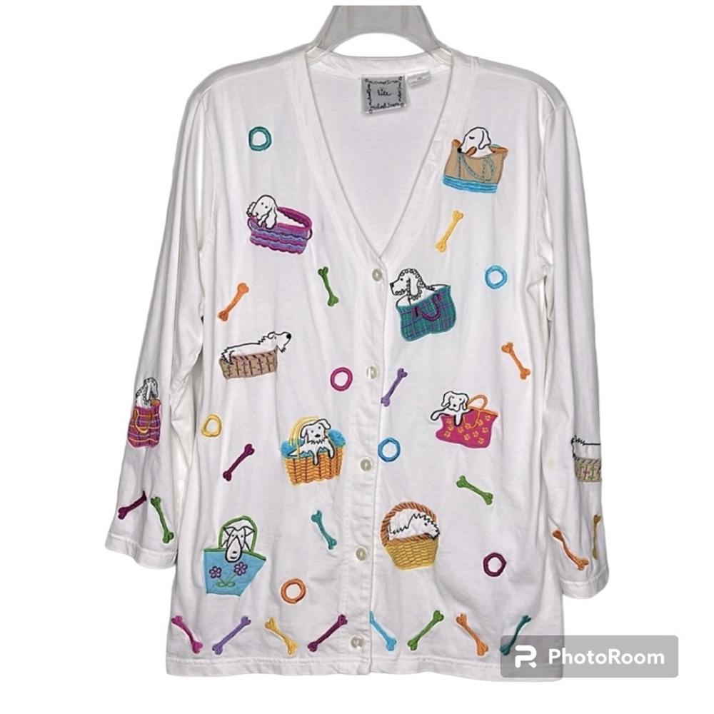 Michael Simon Lite Puppies Dogs Cardigan Embroidered Cotton White Size S
